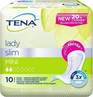 Obrázok produktu pre Anatomické kompresné vložky Tena Lady Slim Mini, 10 ks - Hygienické vložky pre ženy s diskrétnou ochranou a ergonomický tvar.