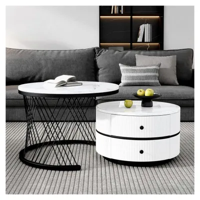 Produktbild von 2-teiliges Couchtisch-Set in Nestform, weiß, 60*60*46cm & 50*50*31cm, runde Tische mit Marmoroptik, 2 Schubladen, bis 30kg belastbar