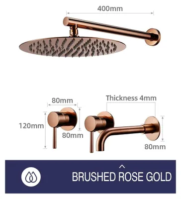 Immagine prodotto di Sistema doccia per bagno - Doccia a pioggia con miscelatore - Soffione rotondo da 25 cm - Miscelatore a due vie per acqua calda/fredda - Cartuccia Sedal - Corpo in ottone - Finitura rosa oro spazzolato