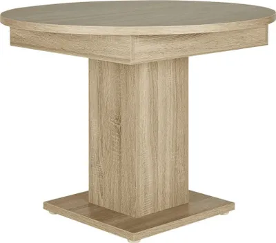 A round pedestal dining table with a wood grain finish.