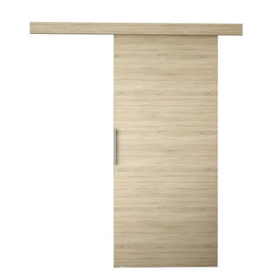 A sliding door with a light wood grain finish and a silver handle, presented against a white background.