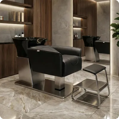 Produktbild von Friseurwaschplatz Cleo mit Liegefunktion für Friseur- und Barbersalons - mit beweglicher Keramikschale, Armatur & Handbrause