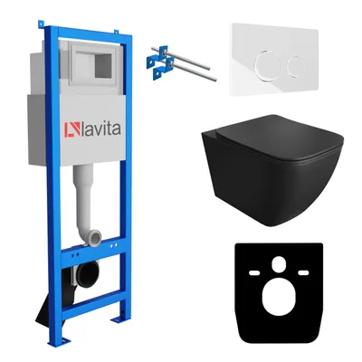 Produktbild von Lavita LAV 101 Vorwandelement für WC 40cm + Wand Hänge Tiefspül WC ONIL Schwarz Spülrandlos + Bedienplatte LAV 200.4.1 Weiß | Komplettset | Unterputz Spülkasten | Toilette Komplett Sett