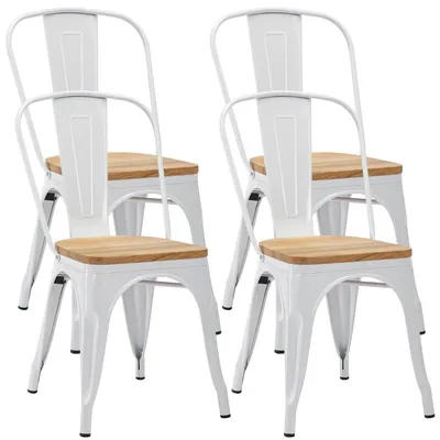 Image de 4x chaise de cuisine chaise de salle à manger en METAL assise en bois empilable, couleur:blanc+bois naturel, matériau:métal