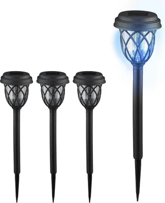 Immagine prodotto di Set di 4 lampade solari Relaxdays, stile lanterna, luci da giardino a LED, A x P: 42,5 x 10 cm, con picchetto, nero/trasparente