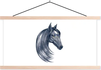 Produktbild von MuchoWow® Textilposter Pferd - Aquarell - Schwarz - Mädchen - Kinder - Mädchen 60x30 cm mit holzfarbenen Rahmen - Dekoration