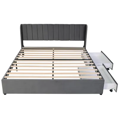 Produktbild von Flieks Polsterbett 180x200cm Doppelbett mit Lattenrost und 2 Schubladen, Stauraumbett Holzbett Funktionsbett Samt, ohne Matratze, Grau