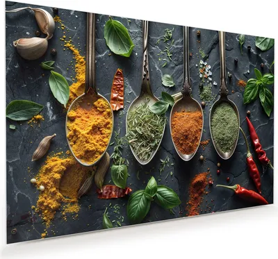 Produktbild von Glasbild 120x80cm in XXL für Wohnzimmer, Schlafzimmer Motiv Kräuter und Gewürze