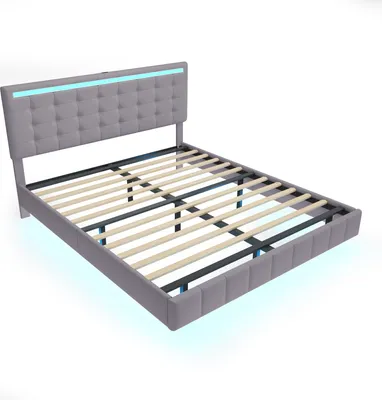 Produktbild von Flieks Polsterbett 160x200cm mit 2 USB, Doppelbett mit Lattenrost, Jugendbett mit LED, Holzbett mit Schwebebettrahmen, Leinen, Grau