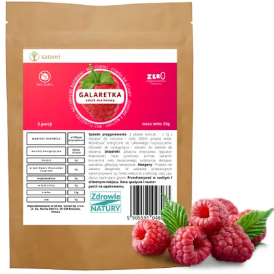 Zdjęcie produktu dla Galaretka bez cukru o smaku malinowym 35g - 5 porcji FIT KETO bez glutenu, bez tłuszczu, bez węglowodanów tylko 9,5 kcal porcja