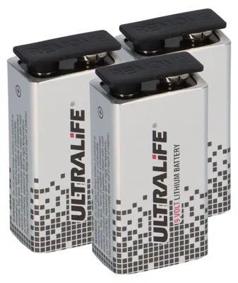 Three 9V lithium batteries are shown in a studio setting against a white background.