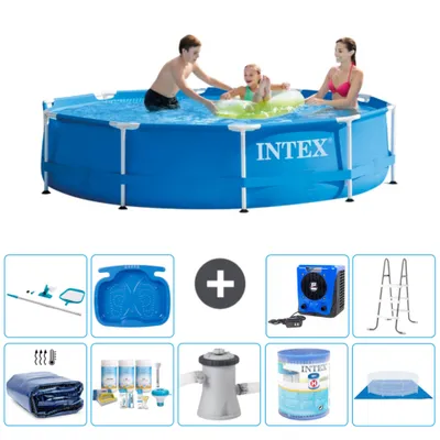 Produktbild von Intex-Schwimmbecken mit rundem Rahmen – 305 x 76 cm – Blau – im Lieferumfang enthalten Sonnensegel - Wartungspaket - Filterpumpe für Schwimmbad - Filter - Bodenplane - Reinigungskit