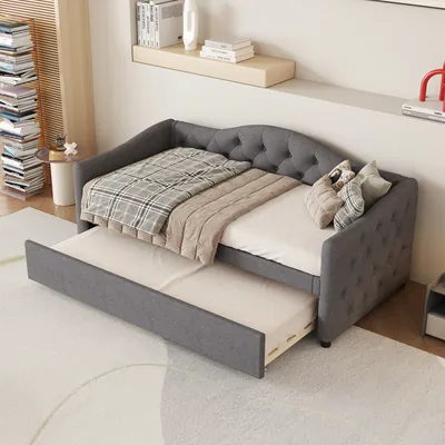 Produktbild von okwish Schlafsofa Daybett 90x200cm mit Ausziehbarem Unterbett 90x190cm und Lattenrost, Tagesbett Kinderbett Jugendbet(Ohne Matratze)- Grau