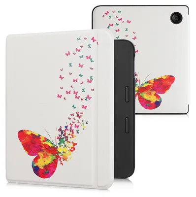 Produktbild von kwmobile Schutzhülle für Kobo Libra 2 Hülle - eReader Flip Case mit Auto Sleep Funktion - Schmetterling Schwarm mit Mehrfarbig Pink Weiß