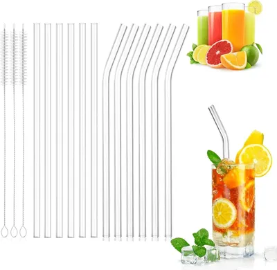 Produktbild von 12 Stück Glasstrohhalme Wiederverwendbar, 6 Gerade Glas Strohhalme und 4 Gebogene Glasstrohhalme Lang 20cm mit 3 Reinigungsbürsten für Smoothie, Slush Ice und Cocktail