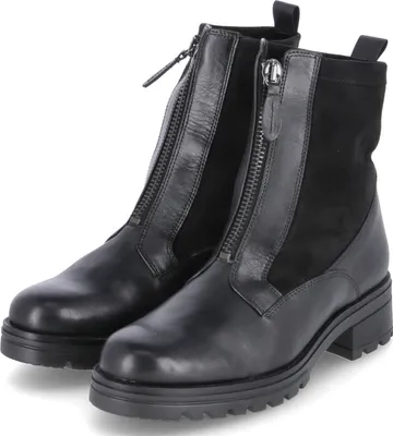A pair of black leather and suede ankle boots with zippers on the front.