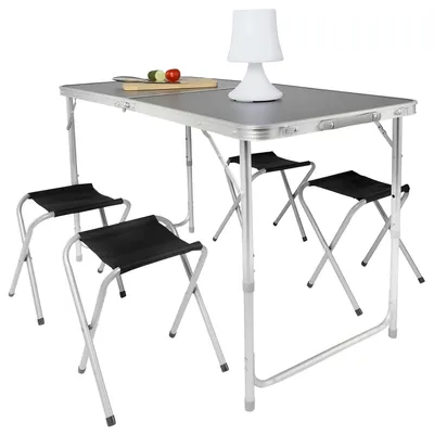 Produktbild von Premium Multifunktions-Campingtisch Set 120x60 cm mit 4 Stühlen – faltbarer Aluminium Klapptisch in Schwarz für Garten, Balkon und Outdoor