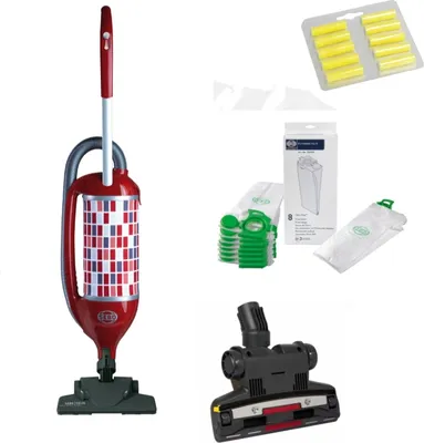 A collection of vacuum cleaner parts and accessories, including a red upright vacuum cleaner, vacuum bags, and a brush head, arranged on a white background.