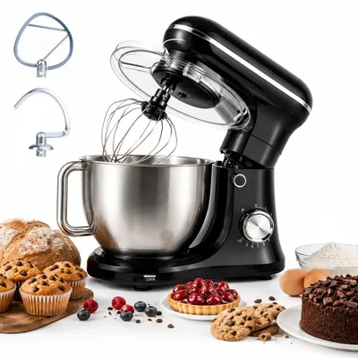 Image de Mixeur de cuisine Alpina 1500W - Robot de cuisine avec 10 vitesses - Mixeur avec un bol de 3,8 litres - Robot de cuisine comprenant un crochet pétrisseur, un fouet et un batteur - Noir