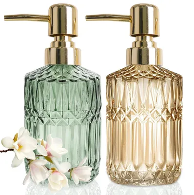 Image de Distributeurs de savon en verre vert et doré, flacons de shampoing rechargeables (390 ml), distributeur de savon en verre avec pompe, élégant ensemble de distributeurs de savon vintage (2 pièces)