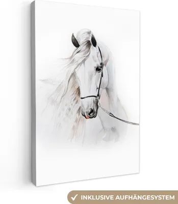 Produktbild von MuchoWow® - Leinwandbilder - Pferd - Aquarell - Tiere - Weiß, Wandbild, Wanddeko Bilder Wohnzimmer, 80x120 cm