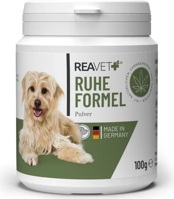 Produktbild von REAVET Ruheformel für Hunde - Beruhigung mit Baldrian, Melisse & Hanfsamen I Entspanntes & ausgeglichenes Hundeleben I Unruhe, Überreizung, Nervosität, Silvester & Reisen