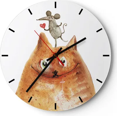 Produktbild von Wanduhr - Rund - Glasuhr - Katze Maus Kinder - 30x30cm - Schleichendes Uhrwerk - Lautlos - zum Aufhängen bereit - Dekoration Modern - Wanddekoration aus Glas - C3AR30x30-4195