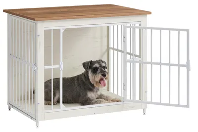 Produktbild von Feandrea Hundebox, Hundekäfig Möbel, aus Holz und Metall, 82 x 55 x 64 cm – Größe M (80 x 55 x 64 cm), Wolkenweiß + honigbraun