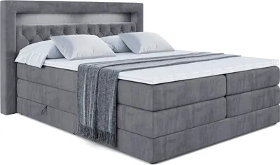 Produktbild von ALTDECOR Boxspringbett mit H3 Matratze-Bonellfederung, H4 Multipocket-Matratze (18 cm hoch) PUR, Topper (4 cm hoch), Polsterbett mit Kopfteil, Bettkasten und LED-Beleuchtung - NOEL GOLD KING -180x200 - Dunkelgrau Samt