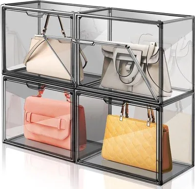 Immagine prodotto di Set da 4 organizer trasparenti in plastica per borse da riporre nell'armadio, scatola espositiva in acrilico grigio per borse, contenitori impilabili