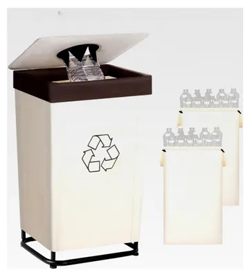 Produktbild von Sammelbehälter für Pfandflaschen mit Deckel, große Aufbewahrungsbox für Pfandflaschen, Behälter für Leergut und Altglas, Flaschensammler für Küche und Abstellraum, Beige