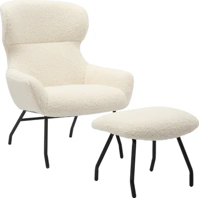 Produktbild von SalesFever Sessel und Hocker Set | Bezug Teddyfell | Beine Metall | B 79 x T 82 x H 103 cm | beige – schwarz