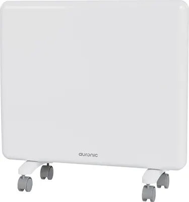 A white electric heater with wheels is shown from a slightly angled front view on a white background.