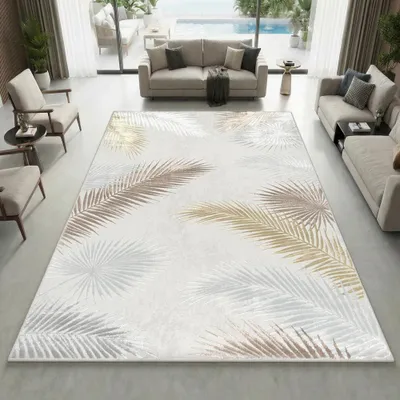 Produktbild von Pflegeleichter Creme Teppich mit Palmblättern und Glanzeffekt Größe - 80 x 300 cm
