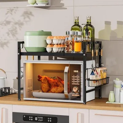 Image de Étagère extensible pour micro-ondes avec panier latéral - noire