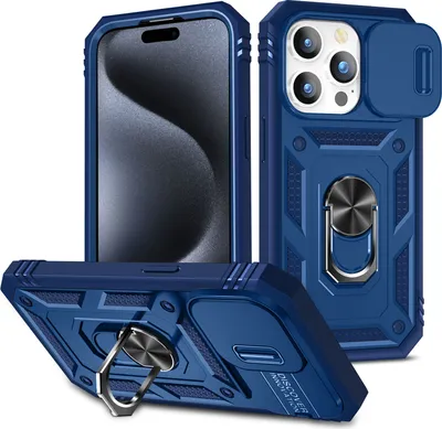 Produktbild von iPhone 15 Pro Hülle, Schiebe Kamera Schutz Robust Schutzhülle mit Ringhalterung Ständer Kartenhalter für iPhone 15 Pro Blau