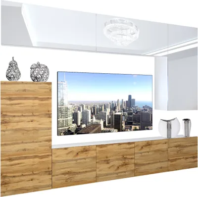 Produktbild von BELINI Wohnwand Vollausstattung Wohnzimmer-Set Moderne Schrankwand mit LED-Beleuchtung Weiß Glänzend Anbauwand TV-Schrank Weiß / Eiche Wotan Glänzend/Matt