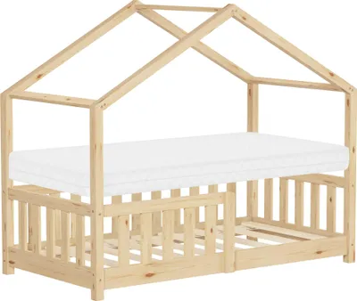 Obrázek produktu pro ML-Design dětská postel domeček postel 70x140 cm přírodní s matrací v:10cm, roštový rám a střecha s ochranou proti vypadnutí, postel na hraní z masivního borovicového dřeva podlahová postel