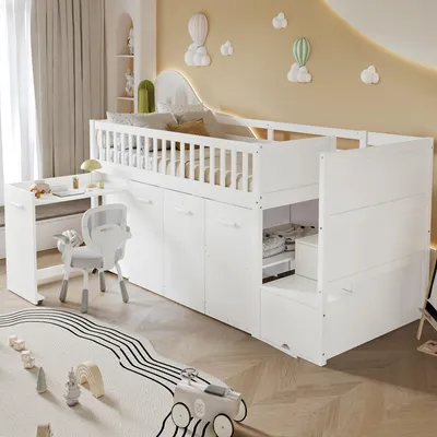 Produktbild von Etagenbett 90x200 cm mit Schreibtisch, 2 Kleiderschränken, Stauraumschrank und Stauraumtreppe, Kinderbett mit Fallschutzgitter, EN747, Kiefer/MDF, Weiß
