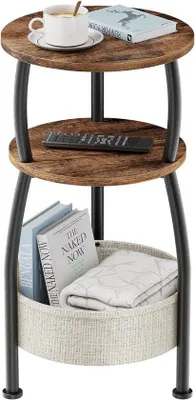 Produktbild von Runde Sideboard Ø30 cm – Kompakte Wohnzimmertisch mit Aufbewahrungsbox & 2 Ebenen – Industrieller Stil – Braun/Stahl – Ideal für Kleine Räume
