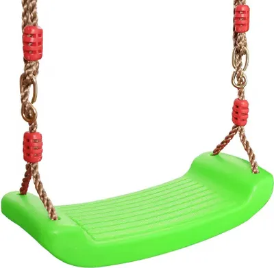 A green plastic swing seat with brown ropes and red plastic beads, isolated on a white background.