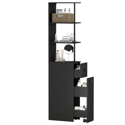Produktbild von Puluomis Badezimmschrank Badkommode mit Schubladen, Hochschrank schmal 40x23x167 cm,Stauraum Schrank für Bad, Küche, Wohnzimmer, MDF, Schwarz