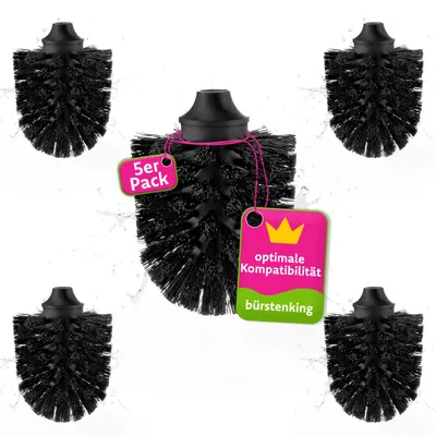 Produktbild von Bürstenking WC Ersatzbürstenkopf, 60 mm, Toilettenbürstenkopf Set passend für Universal WC-Garnituren, Borsten Ersatzklobürstenkopf, mit M12 Innengewinde, 5 Stück, schwarz