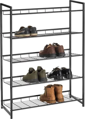A black metal shoe rack with five shelves, holding various pairs of shoes.