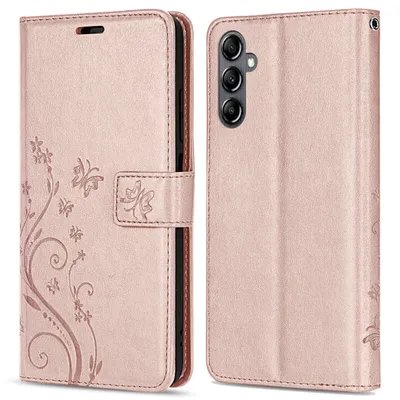 A rose gold flip case for a smartphone is shown from the front and back.