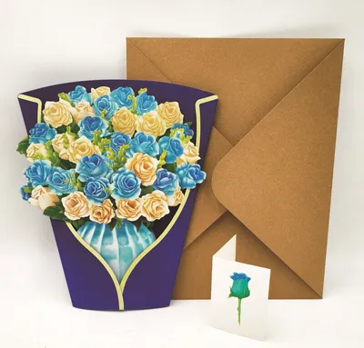 Image de Cartes pliables 3D en papier : Cartes de vœux bouquet de fleurs avec carte mémo & enveloppe - Idéales pour les anniversaires et les vœux de rétablissement pour les femmes (Bleu)