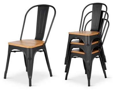 4er-Set Industrie-Esszimmerstühle, Metall & Holz, stapelbar, 150 kg