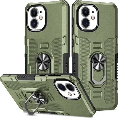 Produktbild von iPhone 12 Pro Hülle, Dual Layer Robuste Rüstung Ringhalter Ständer Schutzhülle für iPhone 12 / iPhone 12 Pro Grün