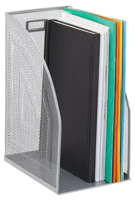Zdjęcie produktu dla 4 x metalowy stojak na czasopisma, format A4, szeroki stojak na dokumenty, siatka, stojak na czasopisma do biura, wymiary: 32 x 16 x 24,5 cm, srebrny