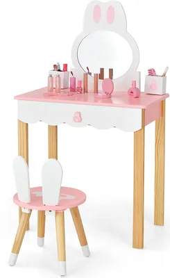 Produktbild von GOPLUS Kinder Schminktisch mit Spiegel, Kosmetiktisch mit Hocker, Frisiertisch mit großen Schubladen, Frisierkommode, Schminkkommode